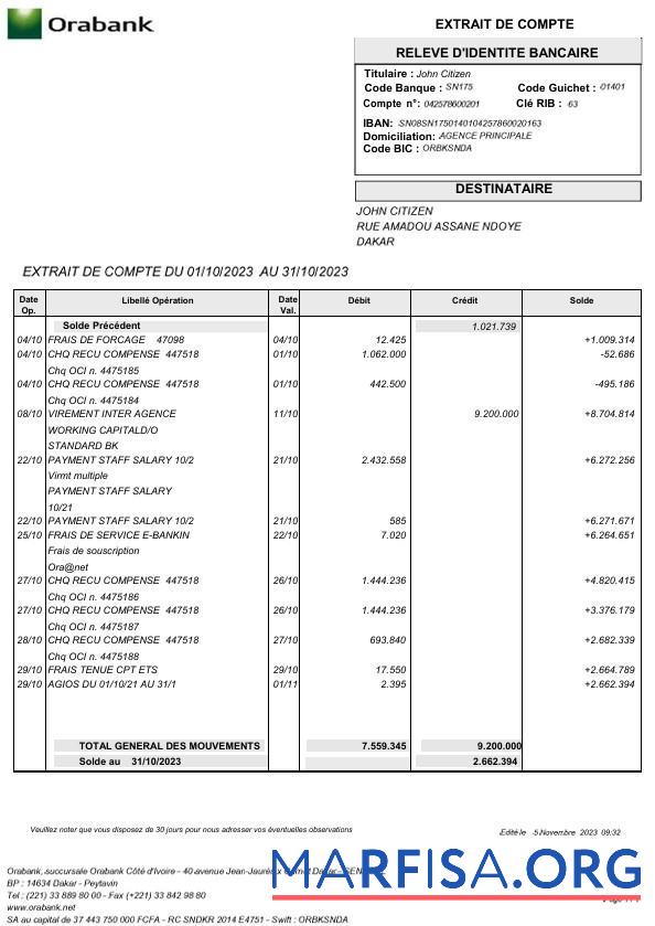 Realistic Togo Orabank statement word real example